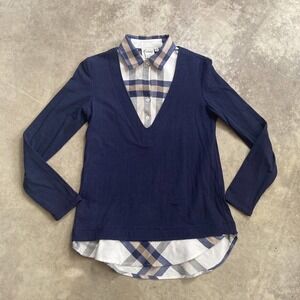 Finley Shirt Womens Sz XS Blue Plaid Long Sleeve Collared Shirt Knit Woven Combo